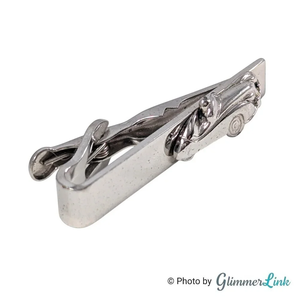 Swank Vintage Silver Tone Car Cufflinks and Tie Bar Set Automobile Design, 1960s